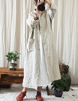 NFYM Women Vintage Cotton Linen Trench Coats Button Stand